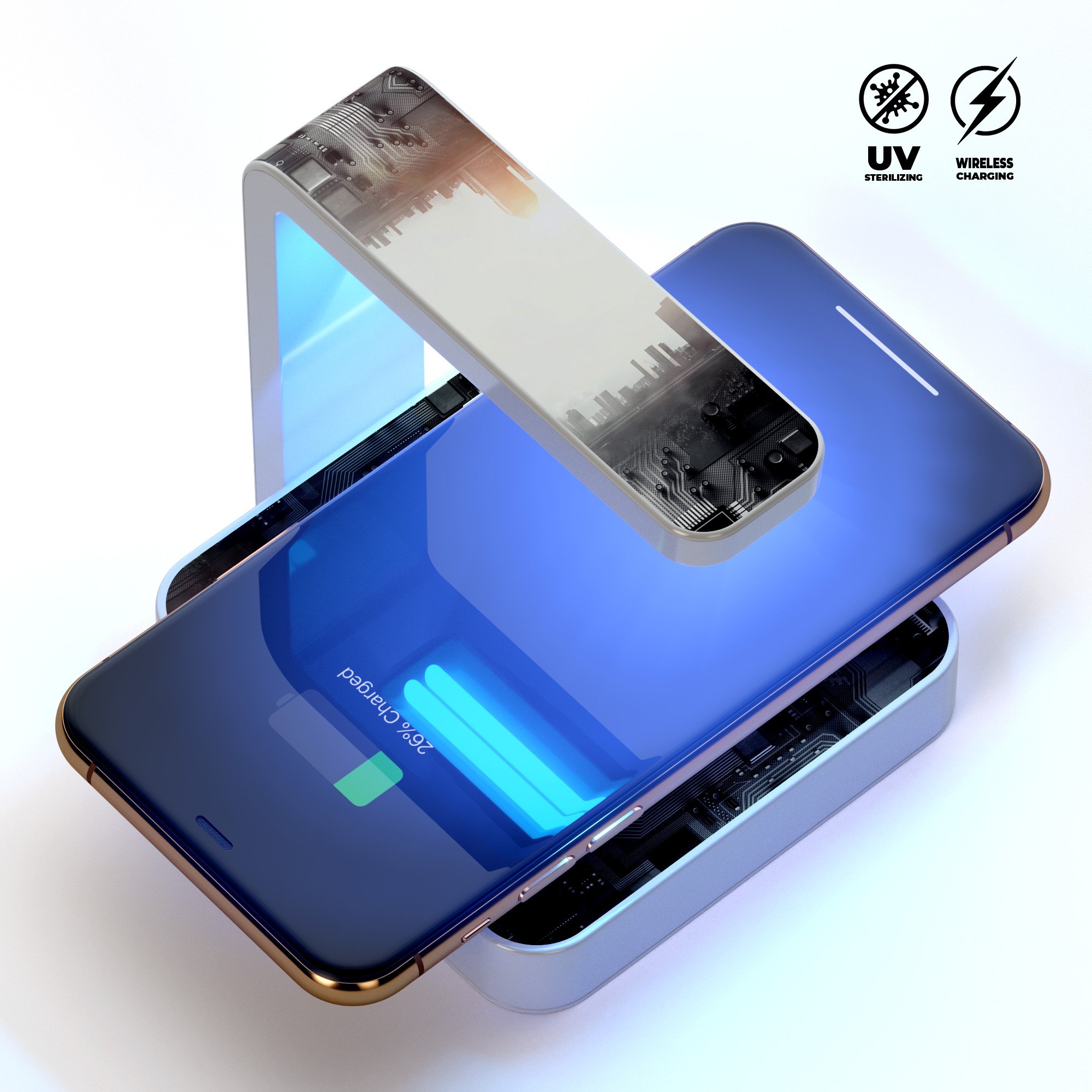 Upside Down Electric City UV Germicidal Sanitizing Sterilizing charger with wireless charging and sterilization features, designed for smartphones.